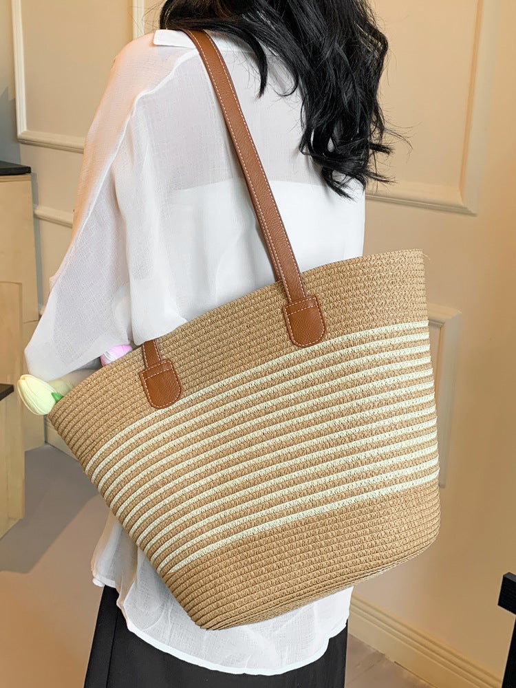 Woven Straw Bag Women'S Large Capacity Style Vegetable Basket Shoulder Bag Beach Bucket Bag Commuter Tote Bag - Image 4