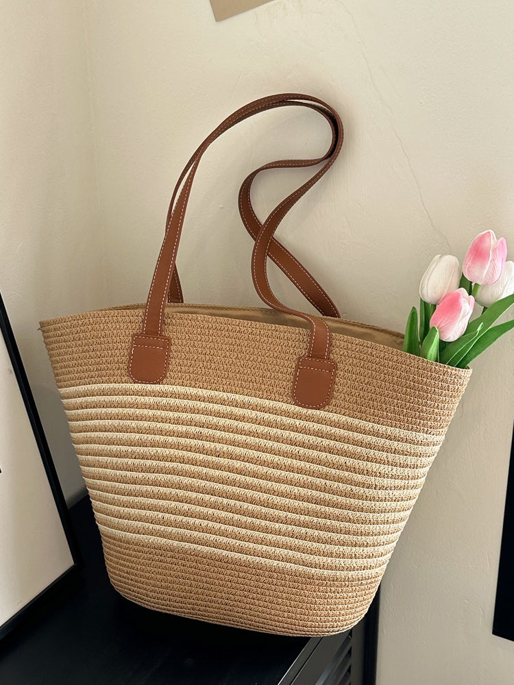 Woven Straw Bag Women'S Large Capacity Style Vegetable Basket Shoulder Bag Beach Bucket Bag Commuter Tote Bag - Image 5