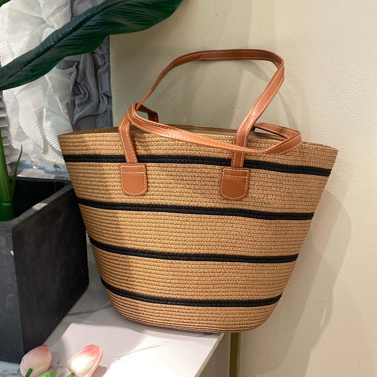 Woven Straw Bag Women'S Large Capacity Style Vegetable Basket Shoulder Bag Beach Bucket Bag Commuter Tote Bag - Image 1