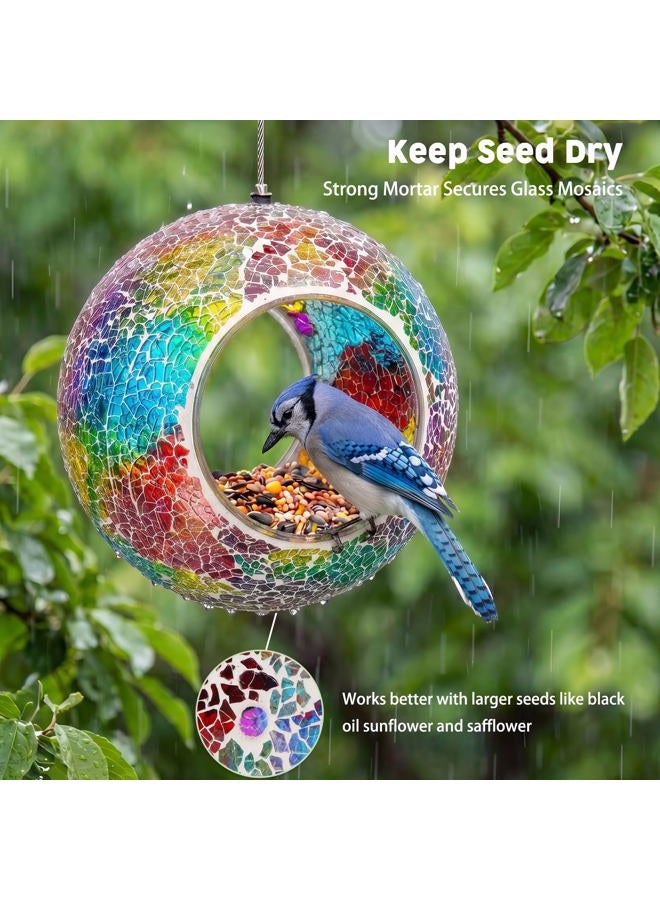 VCUTEKA Bird Feeder Mosaic Fly Through Bird Feeders for Outside Hanging with Round Shape Glass Container to Attract More Wild Birds for Garden, Yard, Backyard, Deck and Porch Decor, Purple 7-Inch - Image 3