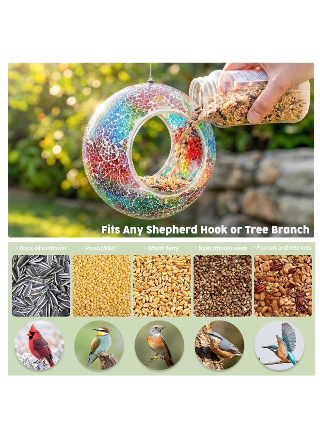 VCUTEKA Bird Feeder Mosaic Fly Through Bird Feeders for Outside Hanging with Round Shape Glass Container to Attract More Wild Birds for Garden, Yard, Backyard, Deck and Porch Decor, Purple 7-Inch - Image 4