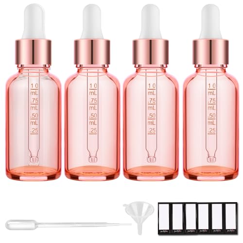 PrettyCare 4 Pack 1oz Dropper Bottles for Essential Oils with Labels Funnel Measured Pipettes 30 ml Leak Proof Rose Glass Essential Oils Bottles Empty Tincture Bottles for Personal Care Beauty - Image 1