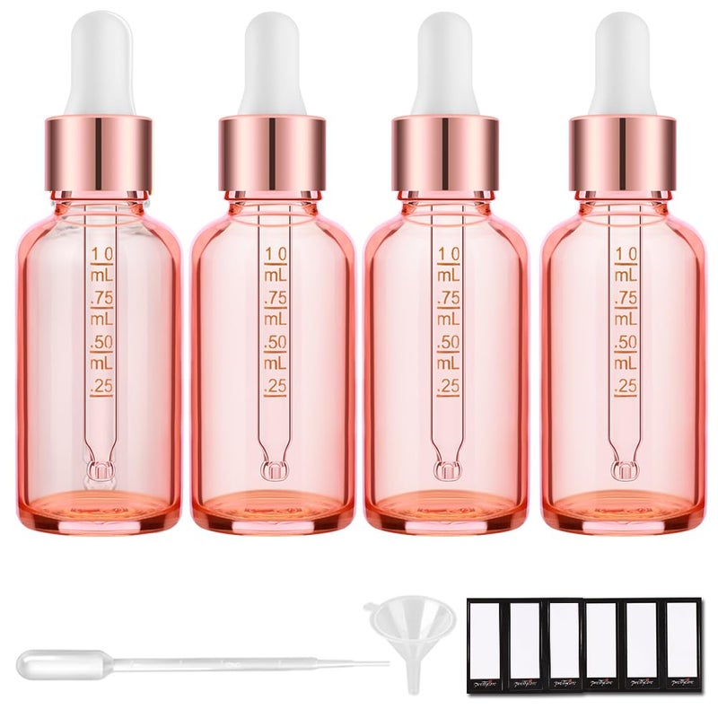 PrettyCare 4 Pack 1oz Dropper Bottles for Essential Oils with Labels Funnel Measured Pipettes 30 ml Leak Proof Rose Glass Essential Oils Bottles Empty Tincture Bottles for Personal Care Beauty - Image 3