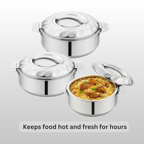 Tsumab Stainless Steel Casserole with Lid, Set of 3 (1500 ml, 2500 ml, 3500 ml), Double Wall Insulated Hotpot, Keeps Food Hot & Fresh, Durable Heavy Duty, Ideal for Roti, Rice, Curry, Biryani – Silver - Image 4