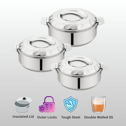 Tsumab Stainless Steel Casserole with Lid, Set of 3 (1500 ml, 2500 ml, 3500 ml), Double Wall Insulated Hotpot, Keeps Food Hot & Fresh, Durable Heavy Duty, Ideal for Roti, Rice, Curry, Biryani – Silver - Image 3