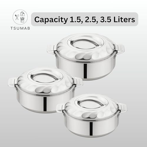 Tsumab Stainless Steel Casserole with Lid, Set of 3 (1500 ml, 2500 ml, 3500 ml), Double Wall Insulated Hotpot, Keeps Food Hot & Fresh, Durable Heavy Duty, Ideal for Roti, Rice, Curry, Biryani – Silver - Image 2