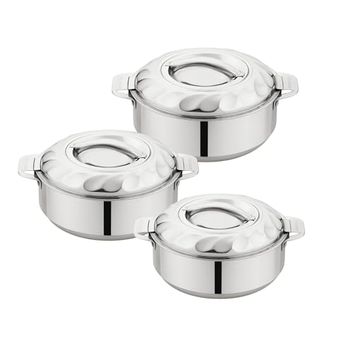 Tsumab Stainless Steel Casserole with Lid, Set of 3 (1500 ml, 2500 ml, 3500 ml), Double Wall Insulated Hotpot, Keeps Food Hot & Fresh, Durable Heavy Duty, Ideal for Roti, Rice, Curry, Biryani – Silver - Image 1