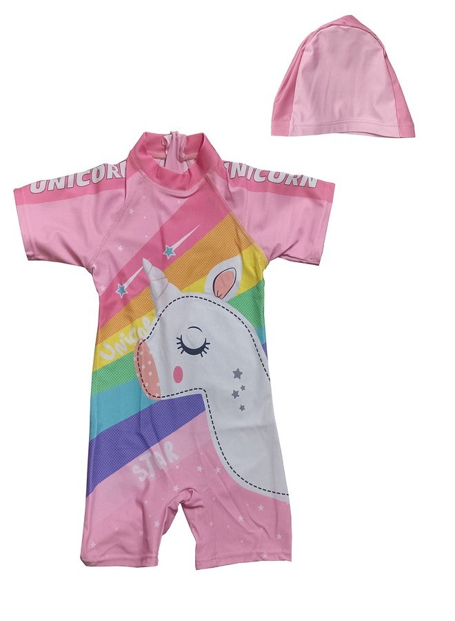 Kriva Girl's Polyester Unicorn Print One Piece Swimsuit (Unicorn_Pink_M) - Image 1