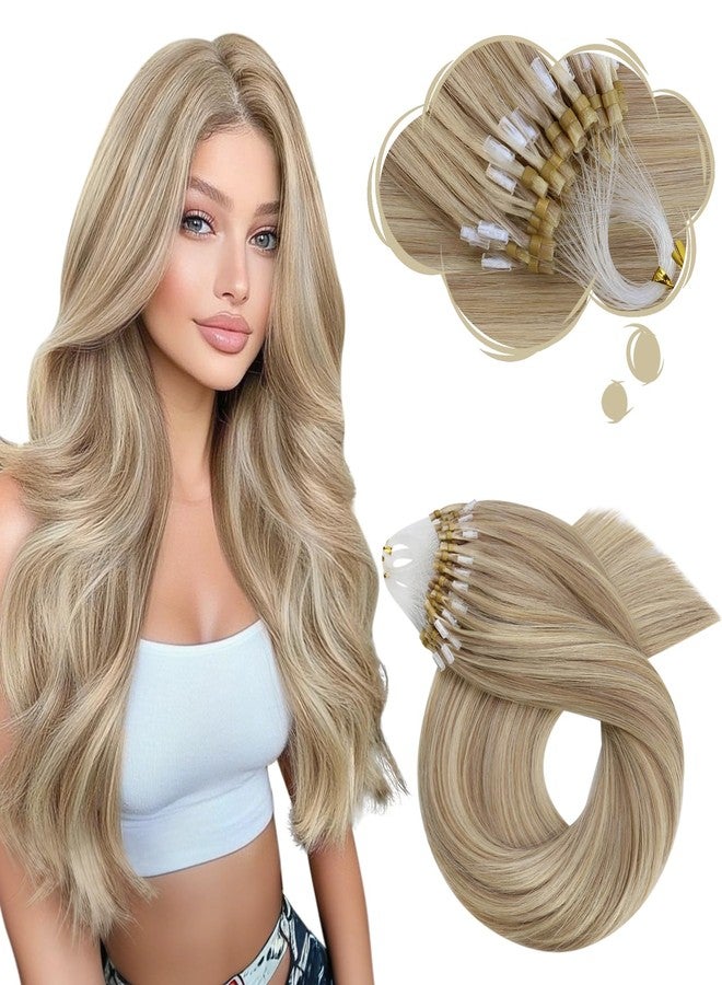 Moresoo Micro Link Hair Extensions Human Hair Dark Blonde and Ash Blonde Highlight Micro Beads Hair Extensions Real Human Hair for Wedding 57g - Image 1
