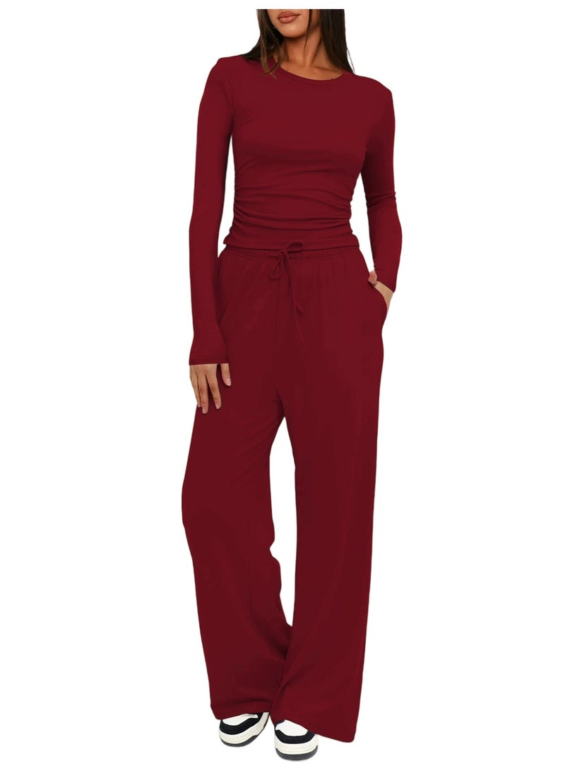 general 2025-2026 TK Solid Color Casual Long-Sleeved Settop Coat High-Waisted Wide-Fitting Pants Sports Outfit - Image 1