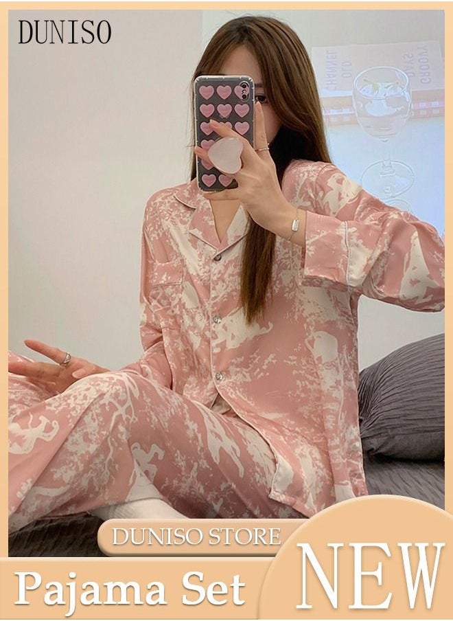 DUNISO - 2-Piece Women's Soft Pajamas Set Long Sleeve Silky Sleepwear Loungewear Button-Down Nightwear Pajama Sets Spring And Autumn Home Wear Long Sleeve Top And Pants - Image 1