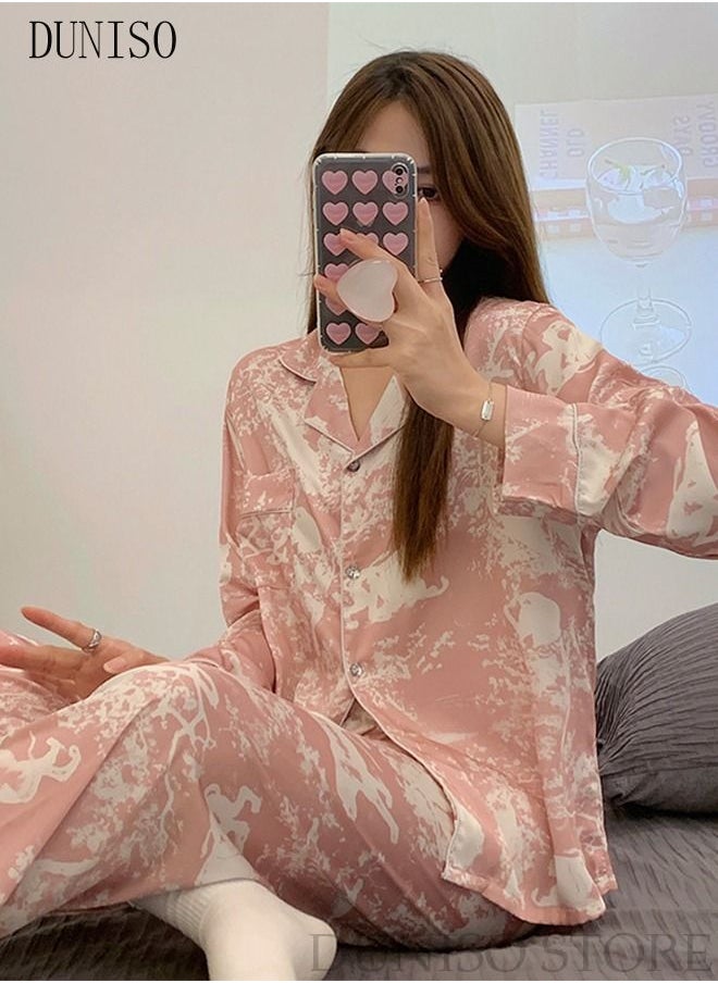 DUNISO - 2-Piece Women's Soft Pajamas Set Long Sleeve Silky Sleepwear Loungewear Button-Down Nightwear Pajama Sets Spring And Autumn Home Wear Long Sleeve Top And Pants - Image 1