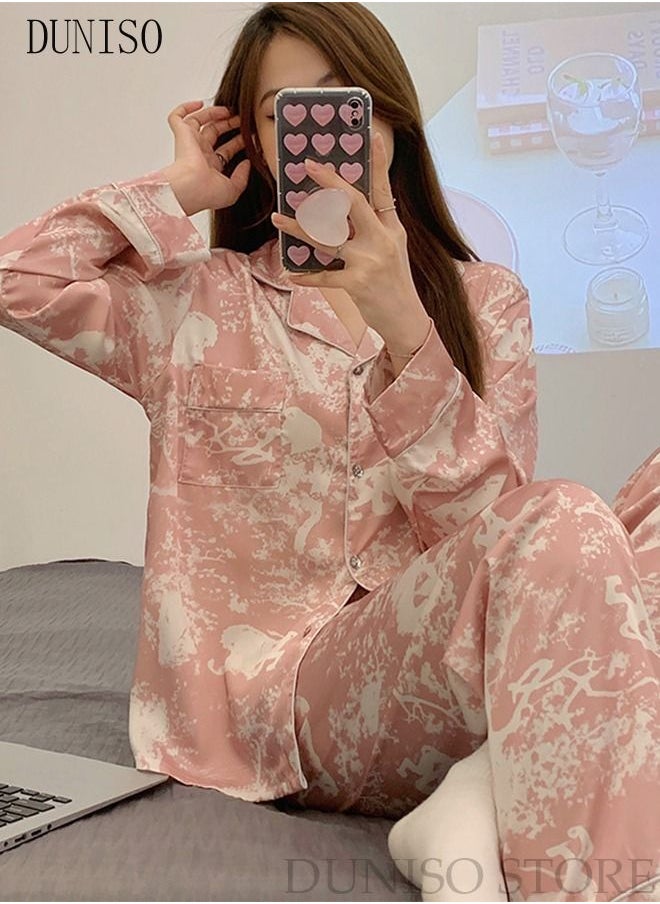 DUNISO - 2-Piece Women's Soft Pajamas Set Long Sleeve Silky Sleepwear Loungewear Button-Down Nightwear Pajama Sets Spring And Autumn Home Wear Long Sleeve Top And Pants - Image 1
