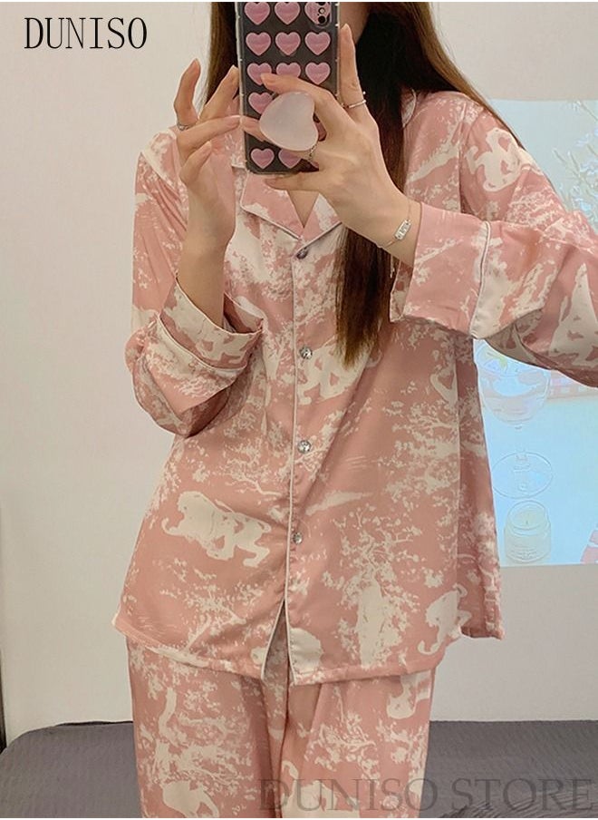 DUNISO - 2-Piece Women's Soft Pajamas Set Long Sleeve Silky Sleepwear Loungewear Button-Down Nightwear Pajama Sets Spring And Autumn Home Wear Long Sleeve Top And Pants - Image 1