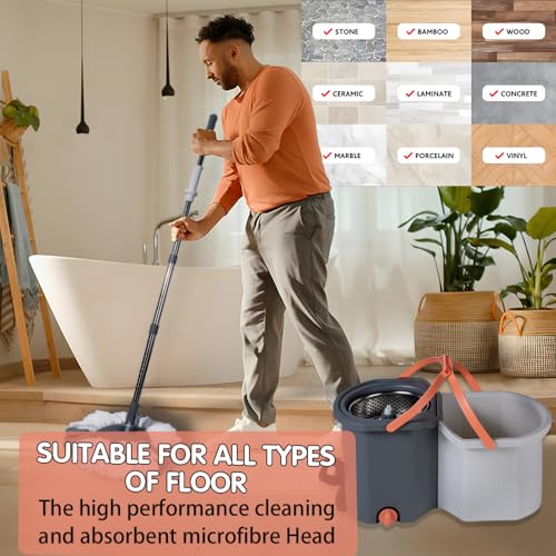 EXVITO 360 Degree Rotation Mop Set with Bucket, Floor Mop Complete Set with Adjustable Stainless Steel Handle & Foot Pedal, Foldable Cleaning Bucket with Wring Function - with Pedal - Image 5