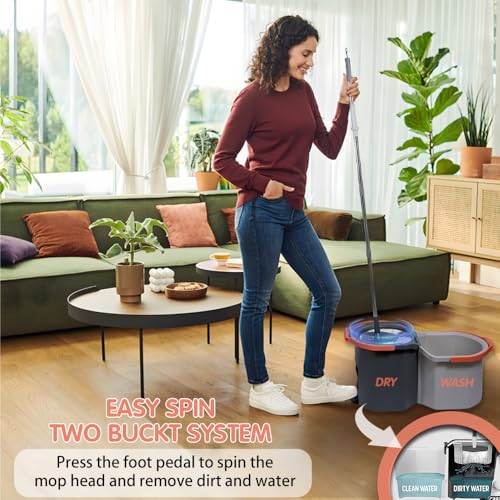EXVITO 360 Degree Rotation Mop Set with Bucket, Floor Mop Complete Set with Adjustable Stainless Steel Handle & Foot Pedal, Foldable Cleaning Bucket with Wring Function - with Pedal - Image 4