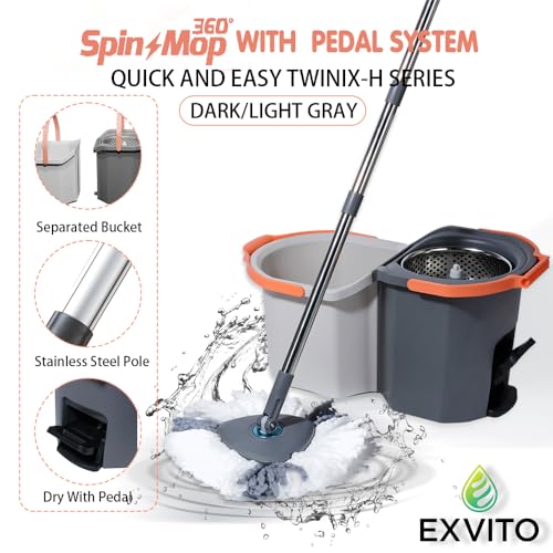 EXVITO 360 Degree Rotation Mop Set with Bucket, Floor Mop Complete Set with Adjustable Stainless Steel Handle & Foot Pedal, Foldable Cleaning Bucket with Wring Function - with Pedal - Image 3