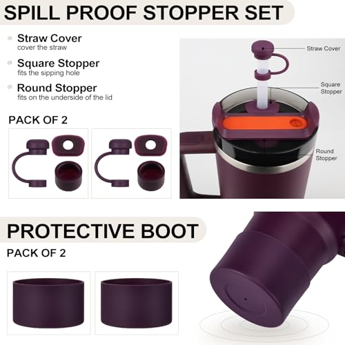 HYZ 8 Piece Accessories for Stanley Cup, Silicone Spill Proof Stopper Set and Protective Boot Including Straw Cover Cap for Stanley H2.0 20oz 30oz 40oz Tumbler, Plum - Image 2