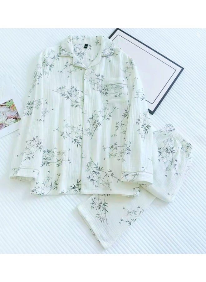 طقم بيجامات ربيع وخريف جديد من القطن والكتان بأكمام طويلة وبنطلون رائع للنساء طقم ملابس نوم - Image 1