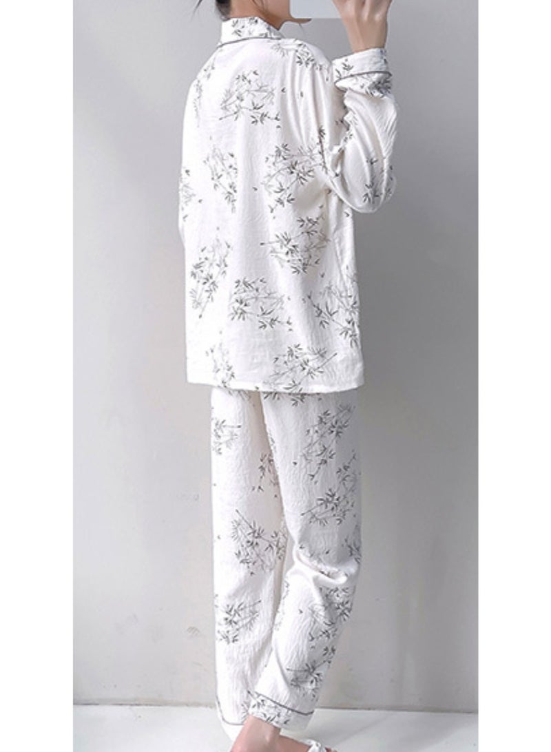 طقم بيجامات ربيع وخريف جديد من القطن والكتان بأكمام طويلة وبنطلون رائع للنساء طقم ملابس نوم - Image 3