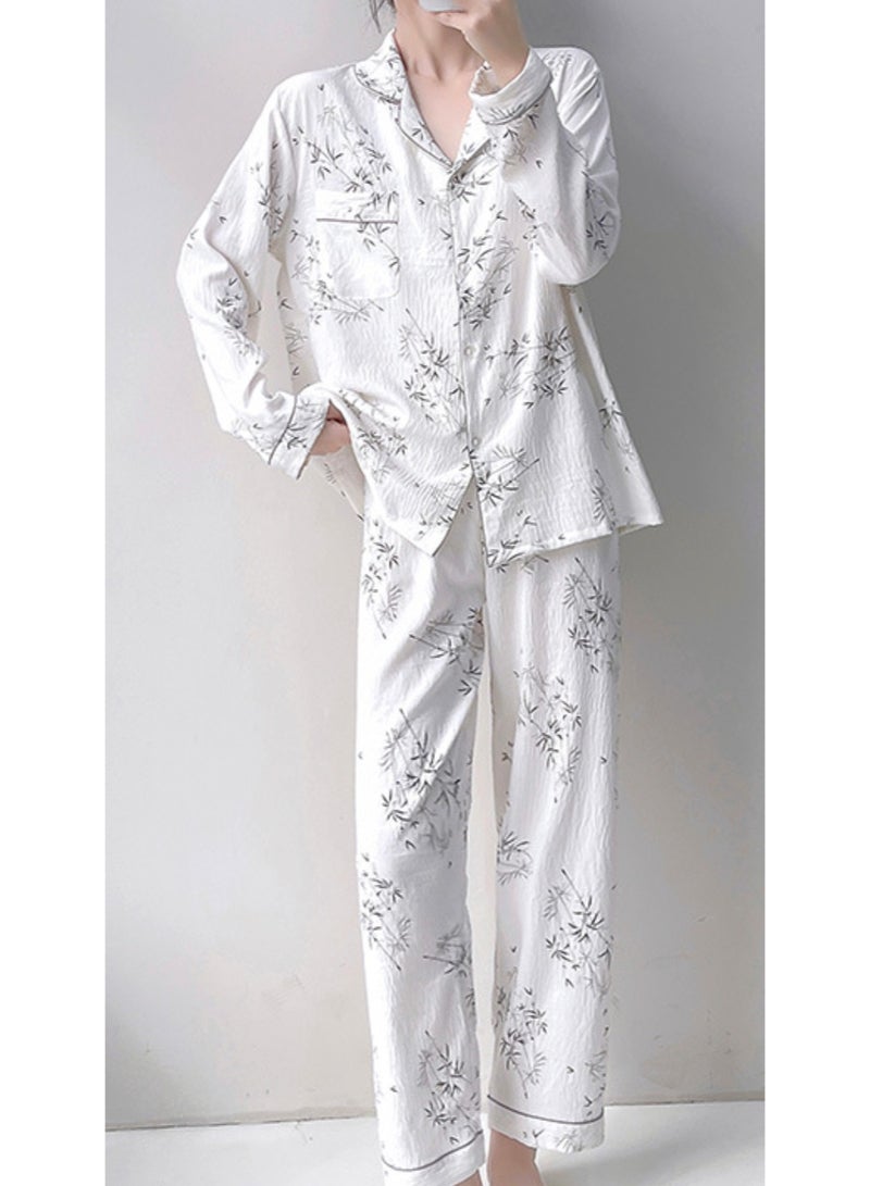 طقم بيجامات ربيع وخريف جديد من القطن والكتان بأكمام طويلة وبنطلون رائع للنساء طقم ملابس نوم - Image 2