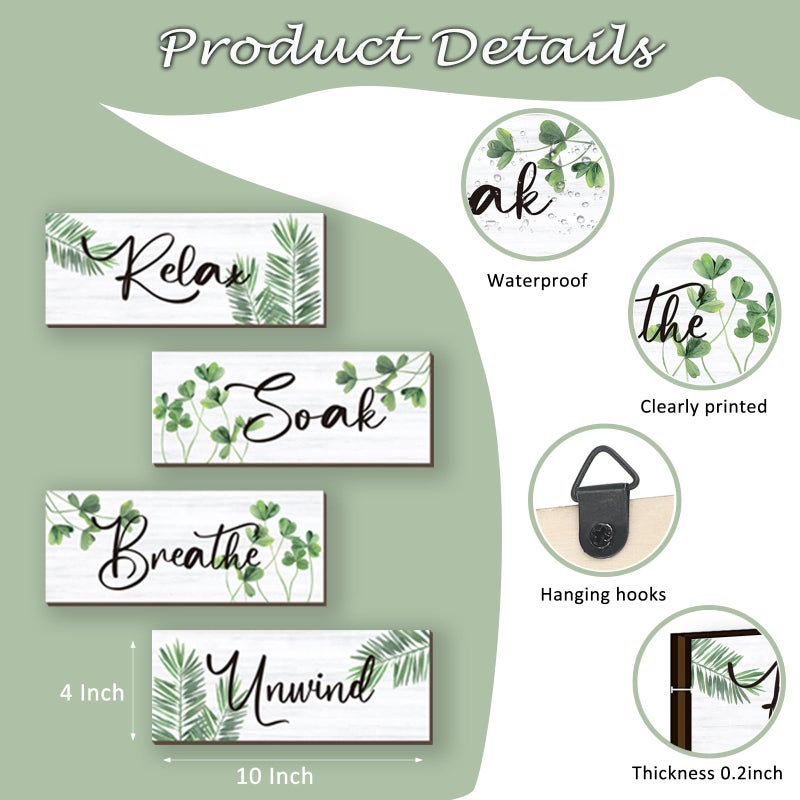 ONIZHITY 4 Pcs Farmhouse Bathroom Wall Decors Relax Soak Unwind Breathe Wooden Word Sign Green Hanging Wall Art Rustic Office Wall Decor for Bedroom Living Room Vintage Decorations(Green Leaves 10X4 Inch) - Image 4