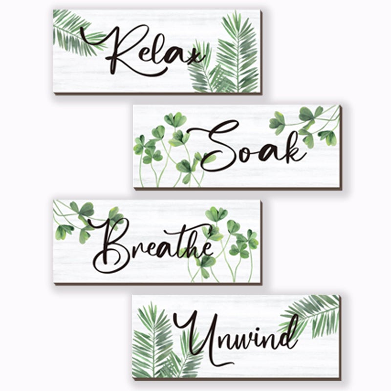 ONIZHITY 4 Pcs Farmhouse Bathroom Wall Decors Relax Soak Unwind Breathe Wooden Word Sign Green Hanging Wall Art Rustic Office Wall Decor for Bedroom Living Room Vintage Decorations(Green Leaves 10X4 Inch) - Image 1