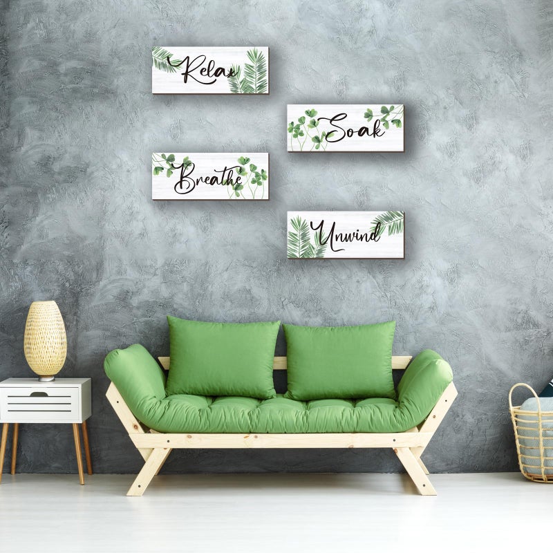 ONIZHITY 4 Pcs Farmhouse Bathroom Wall Decors Relax Soak Unwind Breathe Wooden Word Sign Green Hanging Wall Art Rustic Office Wall Decor for Bedroom Living Room Vintage Decorations(Green Leaves 10X4 Inch) - Image 5
