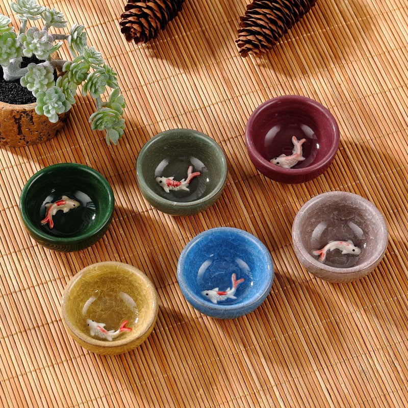 Skyley 6 Pieces Korean Soju Shot Glasses Sets Porcelain Cups Korean Ceramic Cups Tea Accessories Drinkware, Handcrafted Ceramic(Colorful,Koi Fish Pattern) - Image 5
