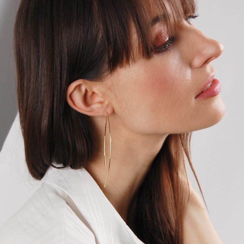 Humble Chic NY 18K Gold Plated Upside Down Hoop Earrings - Hypoallergenic Lightweight Wire Needle Drop Dangle Threader Hoops for Women, 3.25" inch - 18K Gold Plated - Image 5