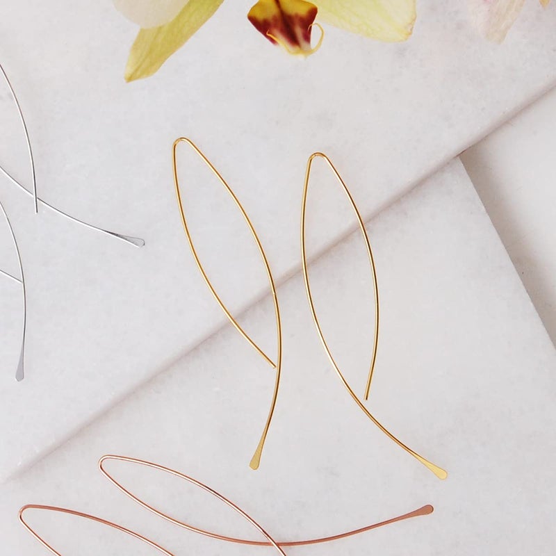 Humble Chic NY 18K Gold Plated Upside Down Hoop Earrings - Hypoallergenic Lightweight Wire Needle Drop Dangle Threader Hoops for Women, 3.25" inch - 18K Gold Plated - Image 3