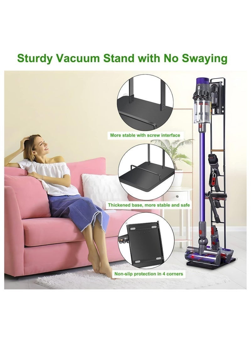 حامل مكنسة كهربائية لاسلكية مع عجلات، قاعدة أرضية معدنية فاخرة متوافقة مع Dyson V6 V7 V8 V10 V11 V12 V15، محطة تخزين بدون الحاجة إلى حفر الجدار، رف تنظيم قائم بذاته مع حوامل للأدوات، تصميم أسود أنيق - Image 3