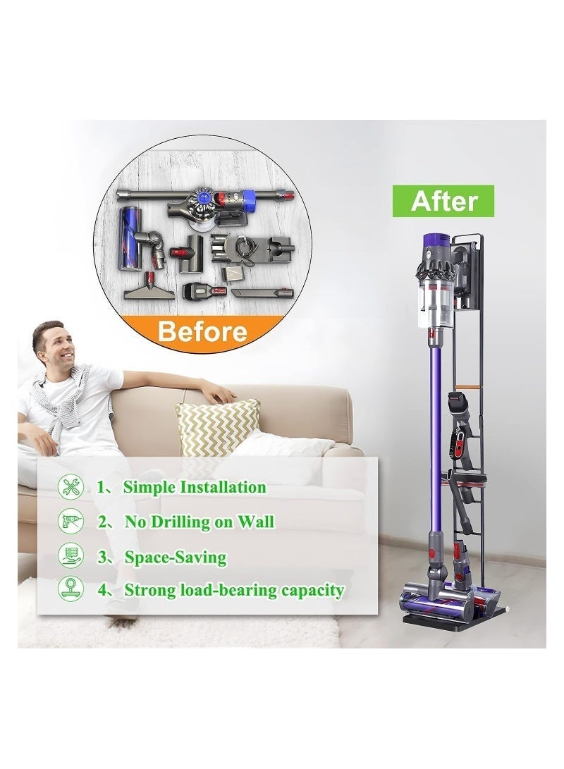 حامل مكنسة كهربائية لاسلكية مع عجلات، قاعدة أرضية معدنية فاخرة متوافقة مع Dyson V6 V7 V8 V10 V11 V12 V15، محطة تخزين بدون الحاجة إلى حفر الجدار، رف تنظيم قائم بذاته مع حوامل للأدوات، تصميم أسود أنيق - Image 5