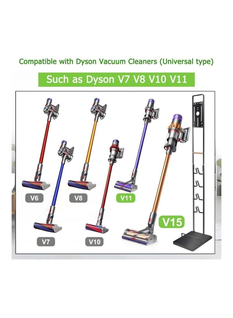 حامل مكنسة كهربائية لاسلكية مع عجلات، قاعدة أرضية معدنية فاخرة متوافقة مع Dyson V6 V7 V8 V10 V11 V12 V15، محطة تخزين بدون الحاجة إلى حفر الجدار، رف تنظيم قائم بذاته مع حوامل للأدوات، تصميم أسود أنيق - Image 4