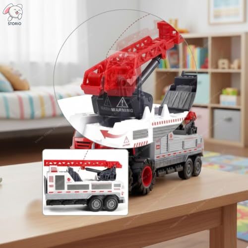 Storio 1:43 4WD Fire Fighting Truck Toy | Friction Powered Engineering Vehicle for Kids | Miniature Fire Truck with Movable Ladder, Crane & Monster Wheels | Durable Car Toy - Image 3
