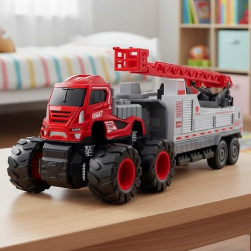 Storio 1:43 4WD Fire Fighting Truck Toy | Friction Powered Engineering Vehicle for Kids | Miniature Fire Truck with Movable Ladder, Crane & Monster Wheels | Durable Car Toy - Image 1