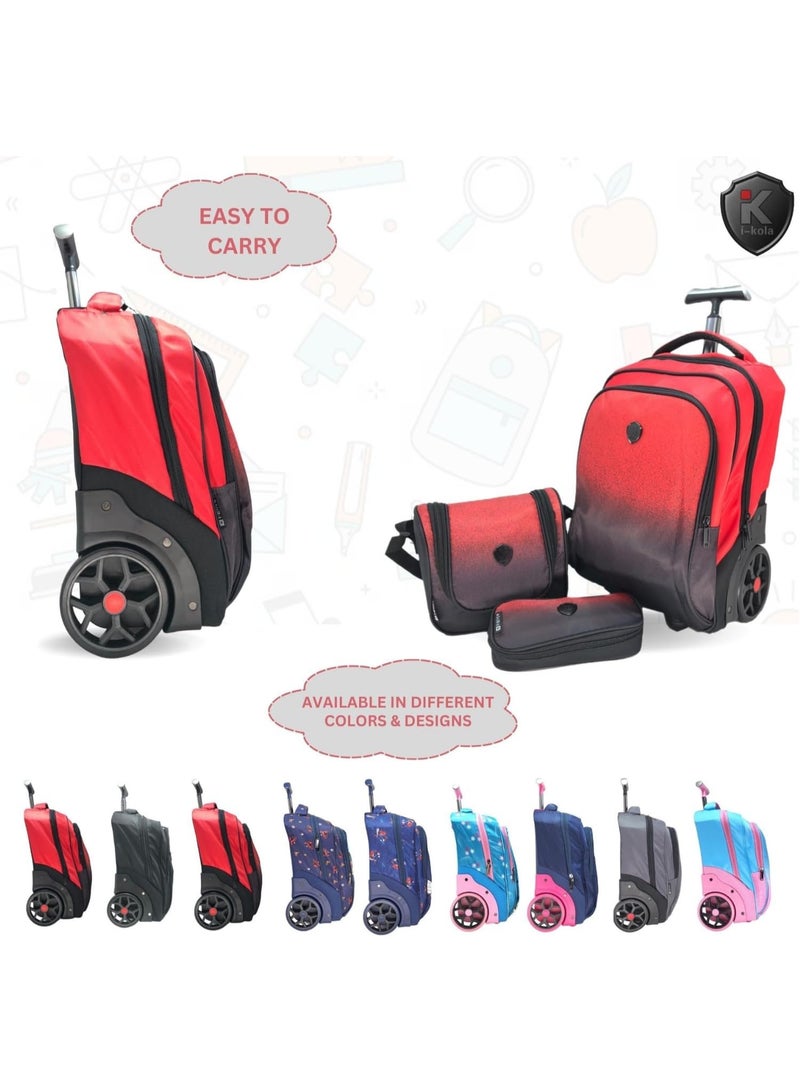 i-kola Reddish Black 3pcs Kids Rolling School Bag Set â€“ 16â€³ Trolley Backpack with Wheels, Spill-Proof Lunch Bag & Pencil Case â€“ Telescopic Handle, Bottle Holder (E648-16BW3) - Image 2