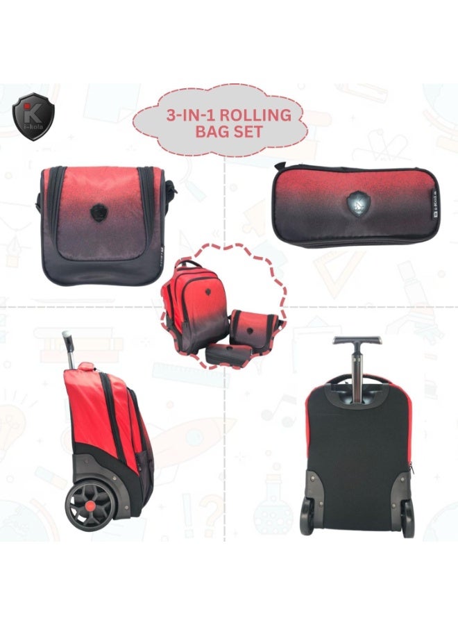 i-kola Reddish Black 3pcs Kids Rolling School Bag Set â€“ 16â€³ Trolley Backpack with Wheels, Spill-Proof Lunch Bag & Pencil Case â€“ Telescopic Handle, Bottle Holder (E648-16BW3) - Image 4