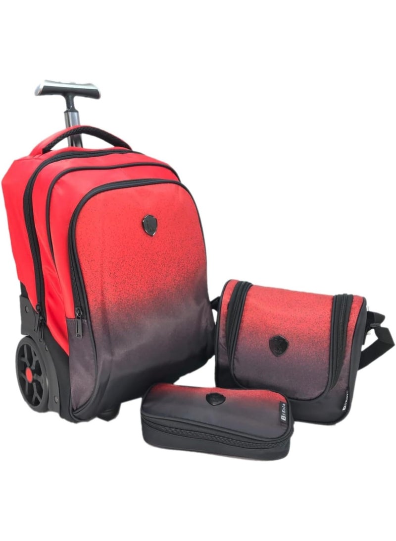 i-kola Reddish Black 3pcs Kids Rolling School Bag Set â€“ 16â€³ Trolley Backpack with Wheels, Spill-Proof Lunch Bag & Pencil Case â€“ Telescopic Handle, Bottle Holder (E648-16BW3) - Image 1