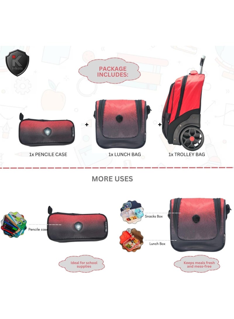 i-kola Reddish Black 3pcs Kids Rolling School Bag Set â€“ 16â€³ Trolley Backpack with Wheels, Spill-Proof Lunch Bag & Pencil Case â€“ Telescopic Handle, Bottle Holder (E648-16BW3) - Image 3