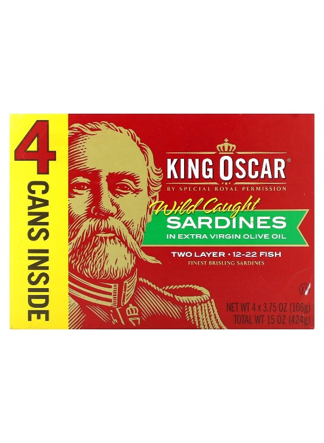 KING OSCAR King Oscar, Wild Caught Sardines In Extra Virgin Olive Oil, 4 Cans, 3.75 oz (106 g) Each  - Image 1
