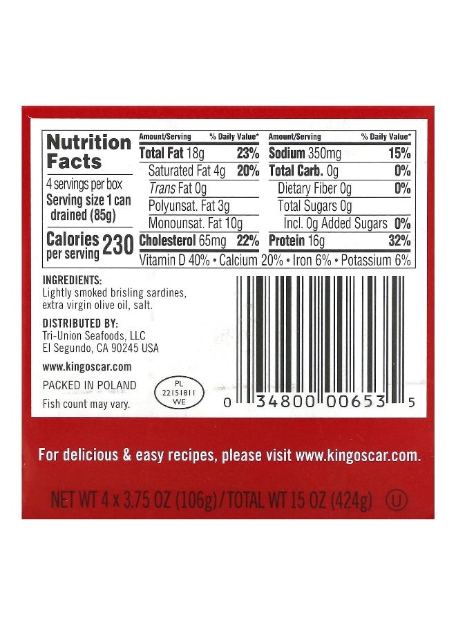 KING OSCAR King Oscar, Wild Caught Sardines In Extra Virgin Olive Oil, 4 Cans, 3.75 oz (106 g) Each  - Image 2