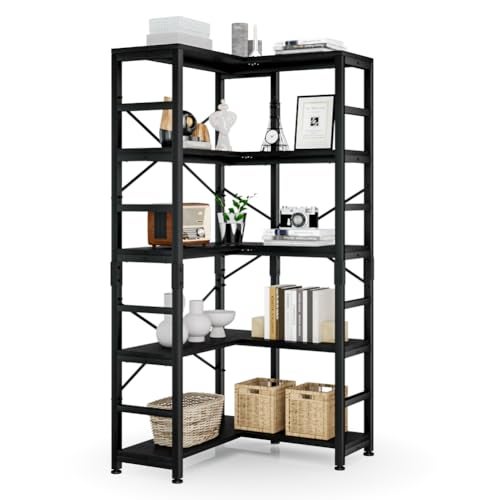 NUMENN 5 Tier Corner Bookshelf Modern Corner Bookcase Large Open Shelf Bookcase Tall Bookshelves Storage Display Rack for Bedroom Living Room and Home Office Black