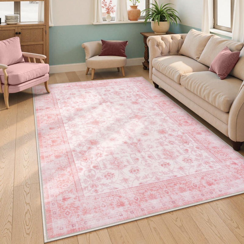 LIVEBOX Pink Area Rug 6x9, Vintage Living Room Rug Machine Washable Area Rugs, Pink Rugs for Bedroom Girls, Indoor Carpet for Dining Room Nursery Dorm Home Decor - Image 1