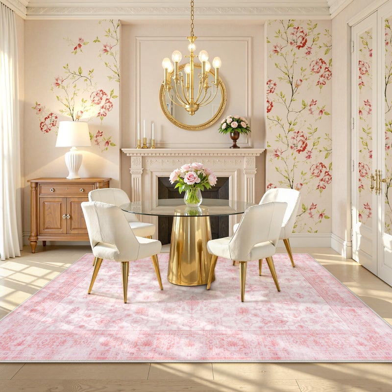 LIVEBOX Pink Area Rug 6x9, Vintage Living Room Rug Machine Washable Area Rugs, Pink Rugs for Bedroom Girls, Indoor Carpet for Dining Room Nursery Dorm Home Decor - Image 3