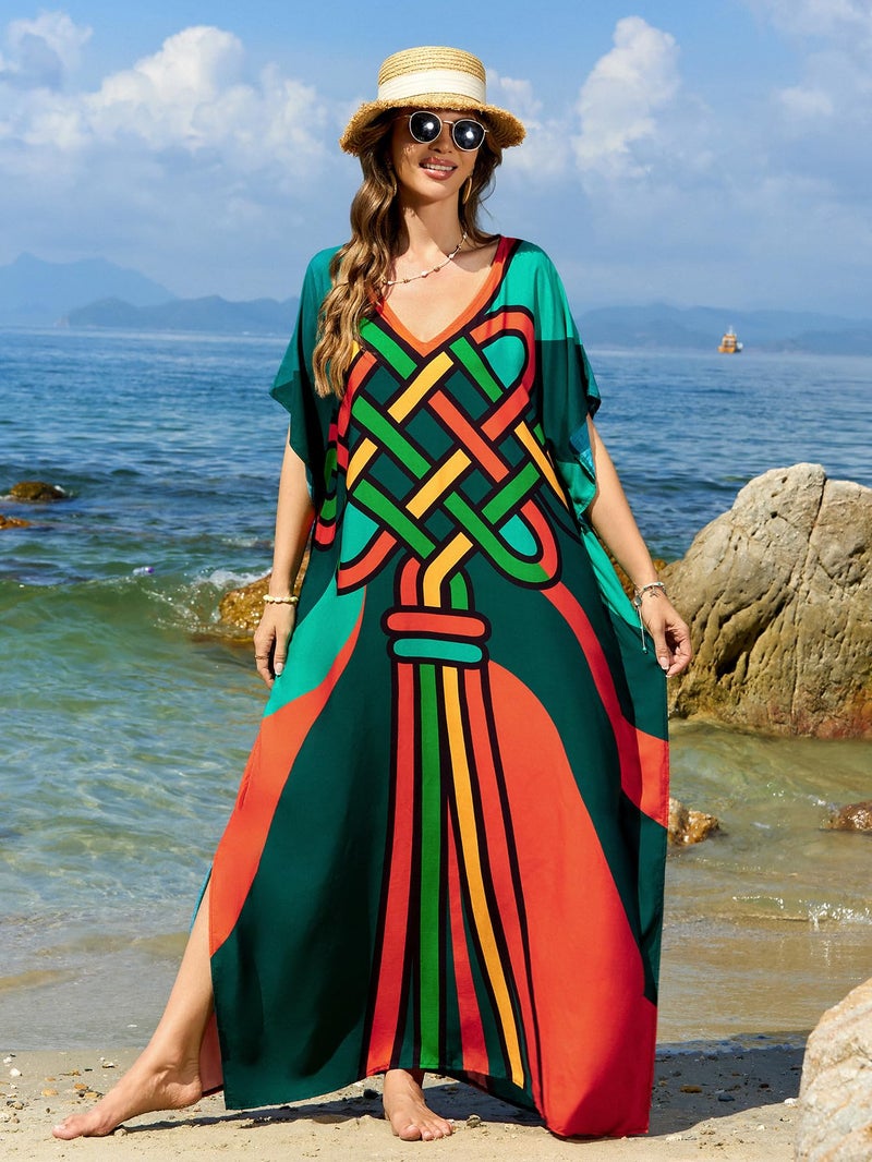 IMAGEKOPE Moroccan Print V-Neck Batwing Kaftan Women's Plus Size Loose Fit Beach Dress Bathing Suit Cover Up Loungewear - Image 3