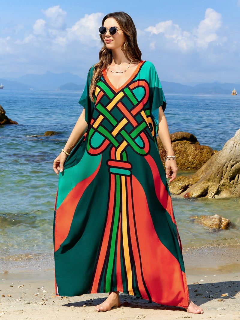 IMAGEKOPE Moroccan Print V-Neck Batwing Kaftan Women's Plus Size Loose Fit Beach Dress Bathing Suit Cover Up Loungewear - Image 4