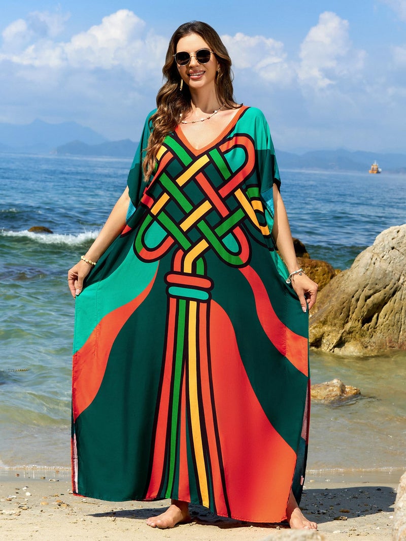 IMAGEKOPE Moroccan Print V-Neck Batwing Kaftan Women's Plus Size Loose Fit Beach Dress Bathing Suit Cover Up Loungewear - Image 2