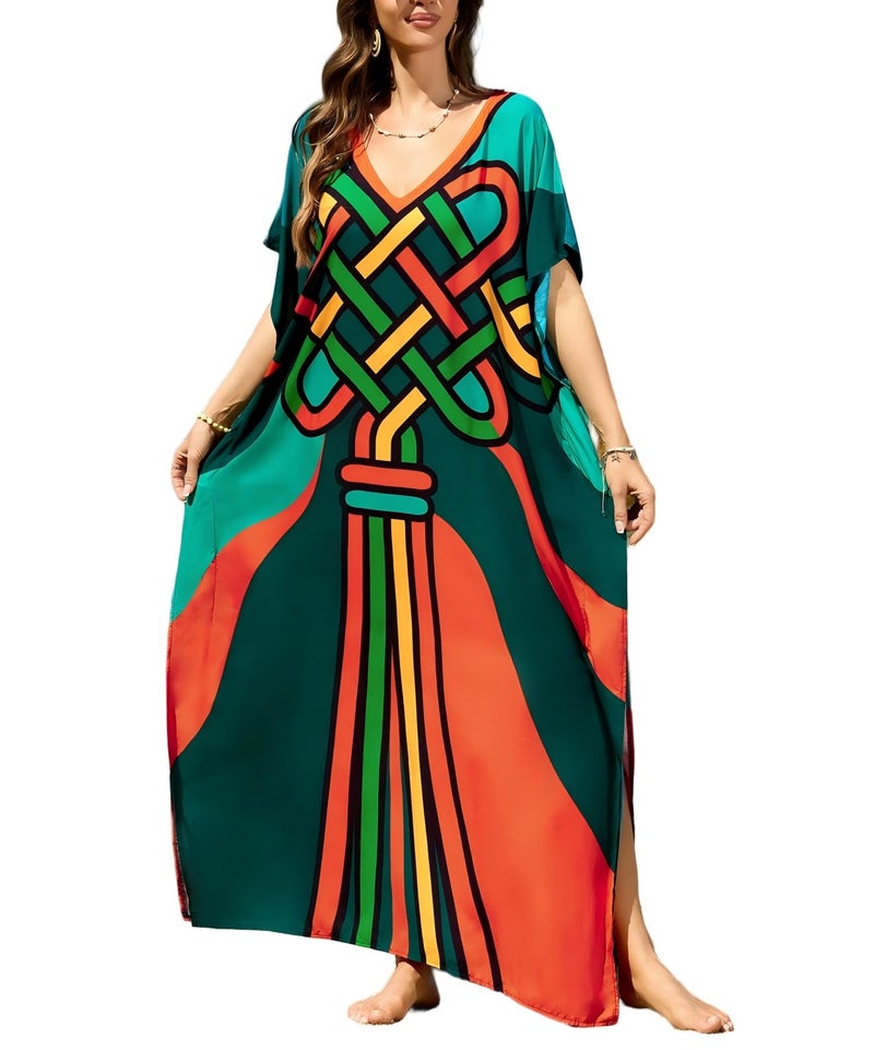 IMAGEKOPE Moroccan Print V-Neck Batwing Kaftan Women's Plus Size Loose Fit Beach Dress Bathing Suit Cover Up Loungewear - Image 1