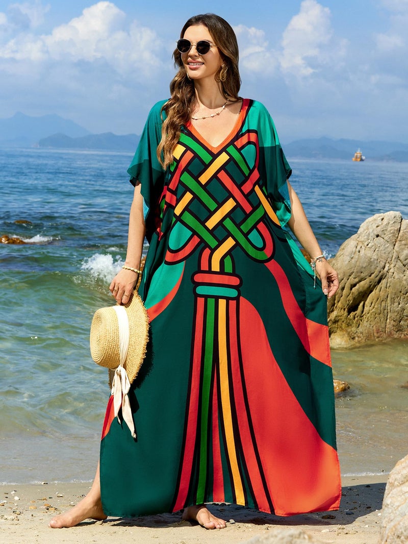 IMAGEKOPE Moroccan Print V-Neck Batwing Kaftan Women's Plus Size Loose Fit Beach Dress Bathing Suit Cover Up Loungewear - Image 5